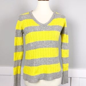 LOFT Striped Cable Knit V Neck Sweater Yellow
